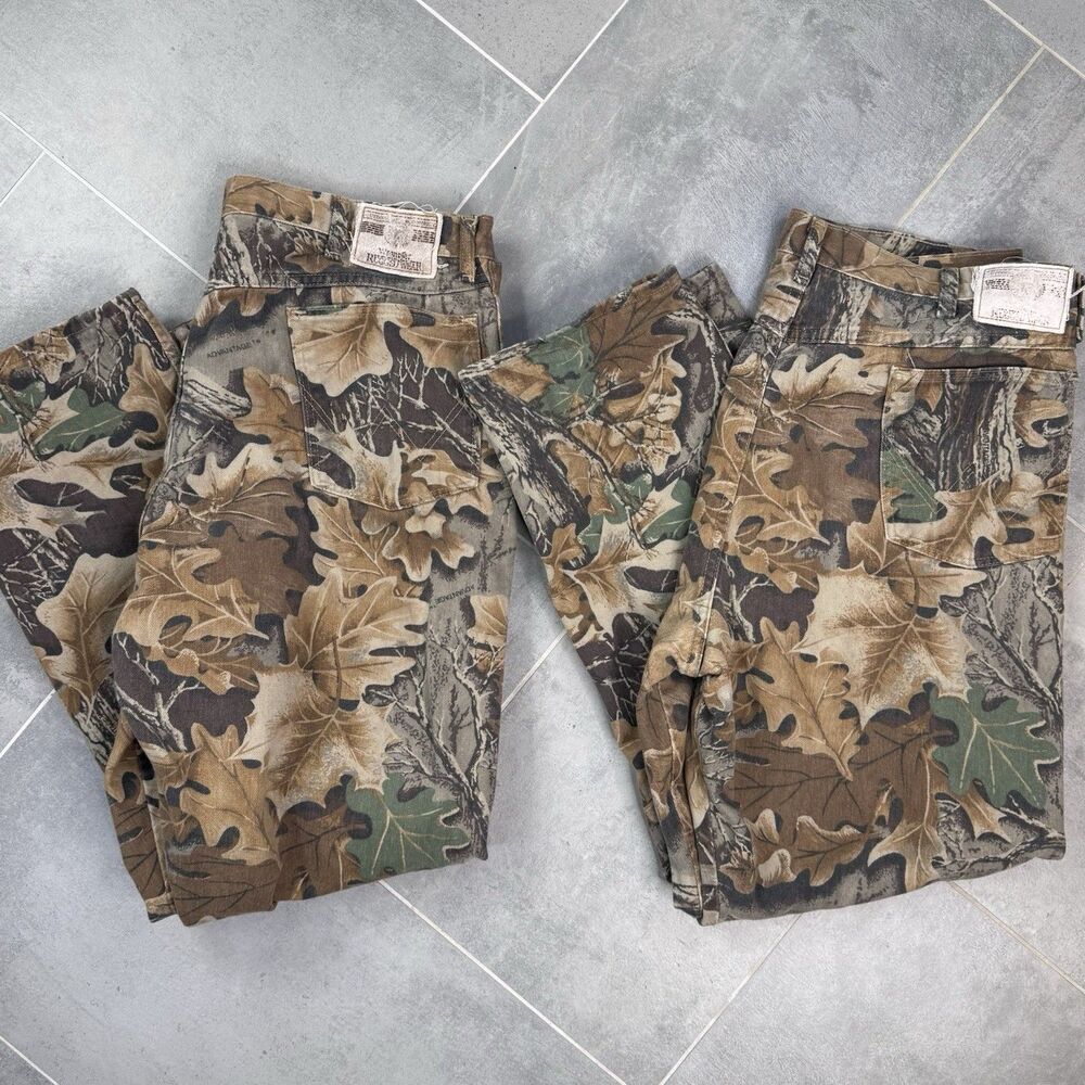 VTG Wrangler Rugged Wear Camo Pants 40x30 USA Advantage Timber 2 Pair